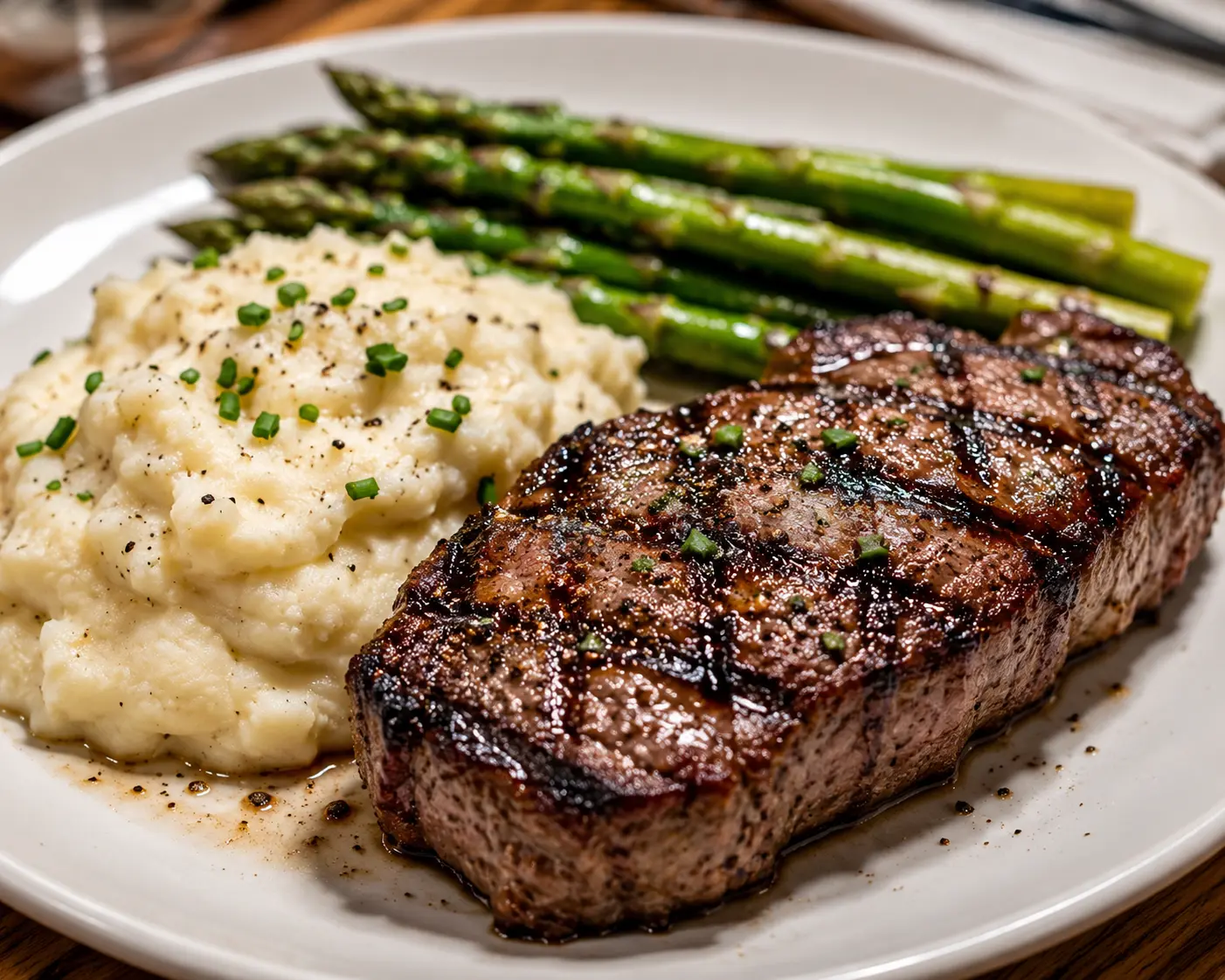 Steak meal with mash potato and asparagus