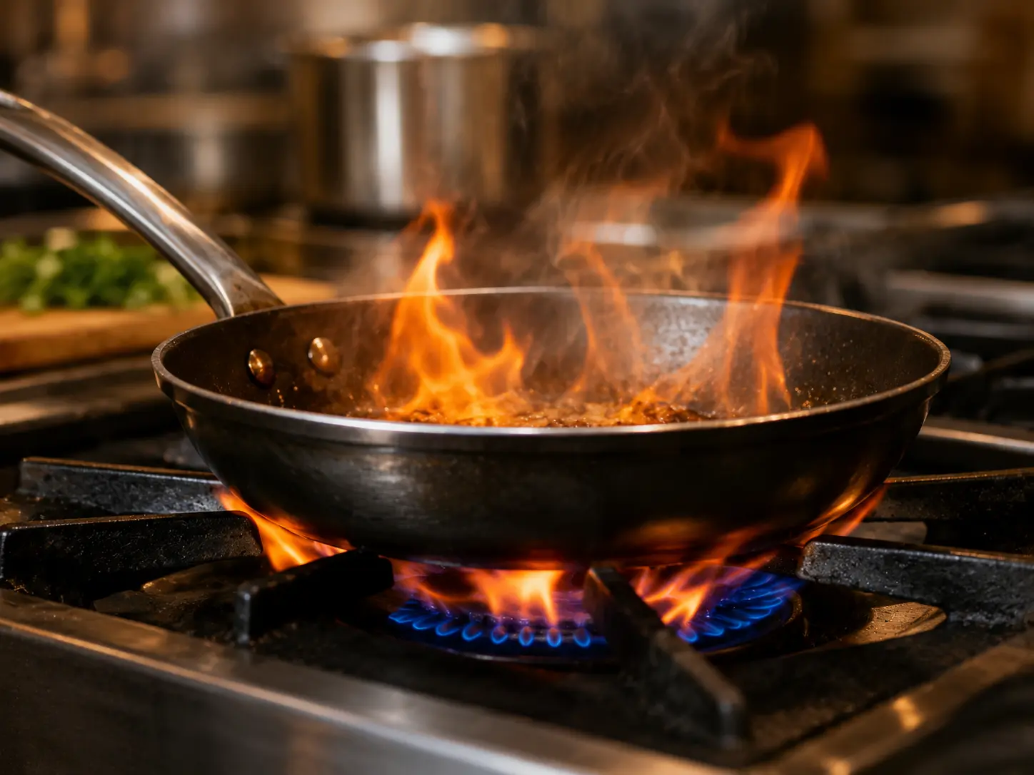 Frying pan with flames